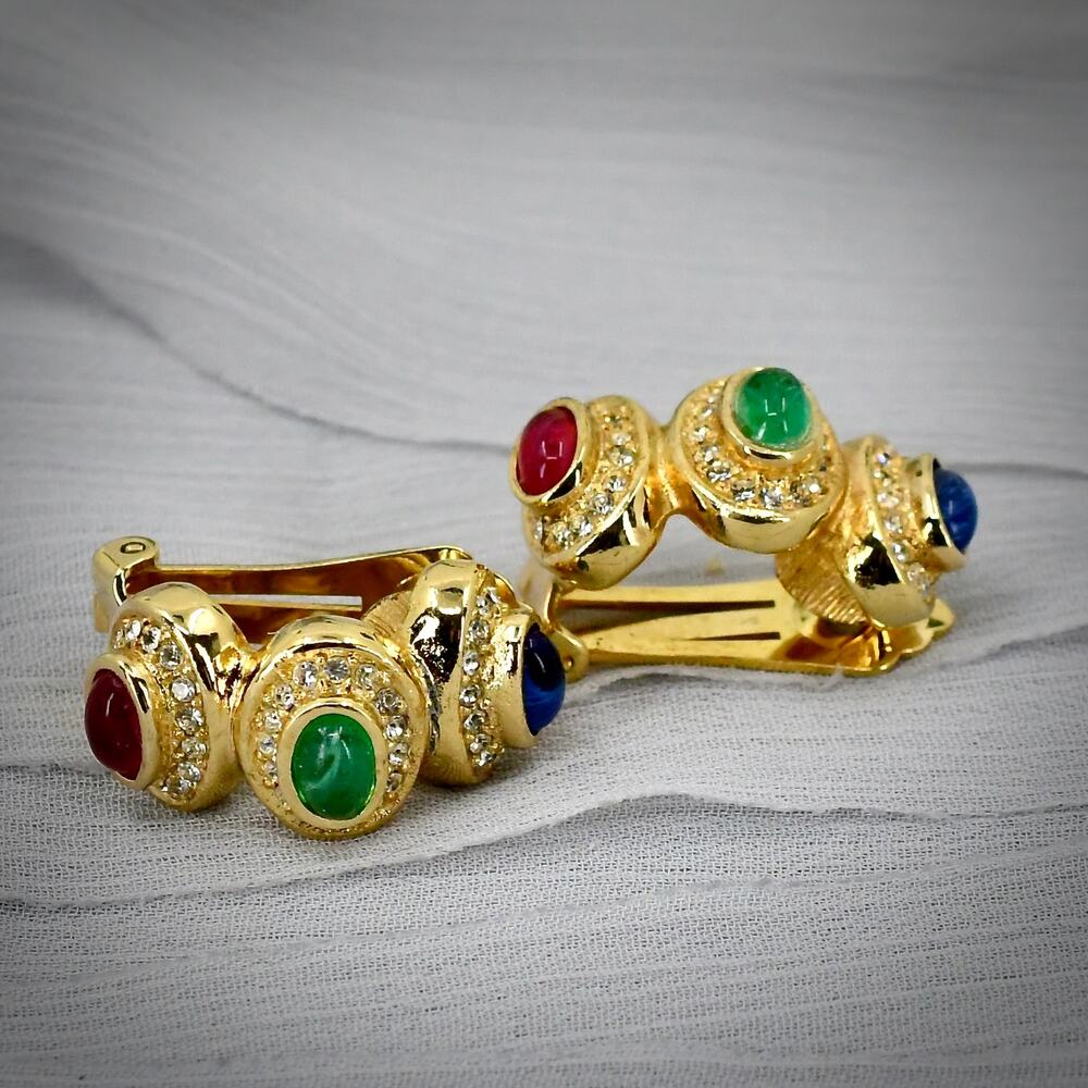 Vintage Grosse Germany Multi Color Cabochon Dome Clip On Earrings Dior Era
